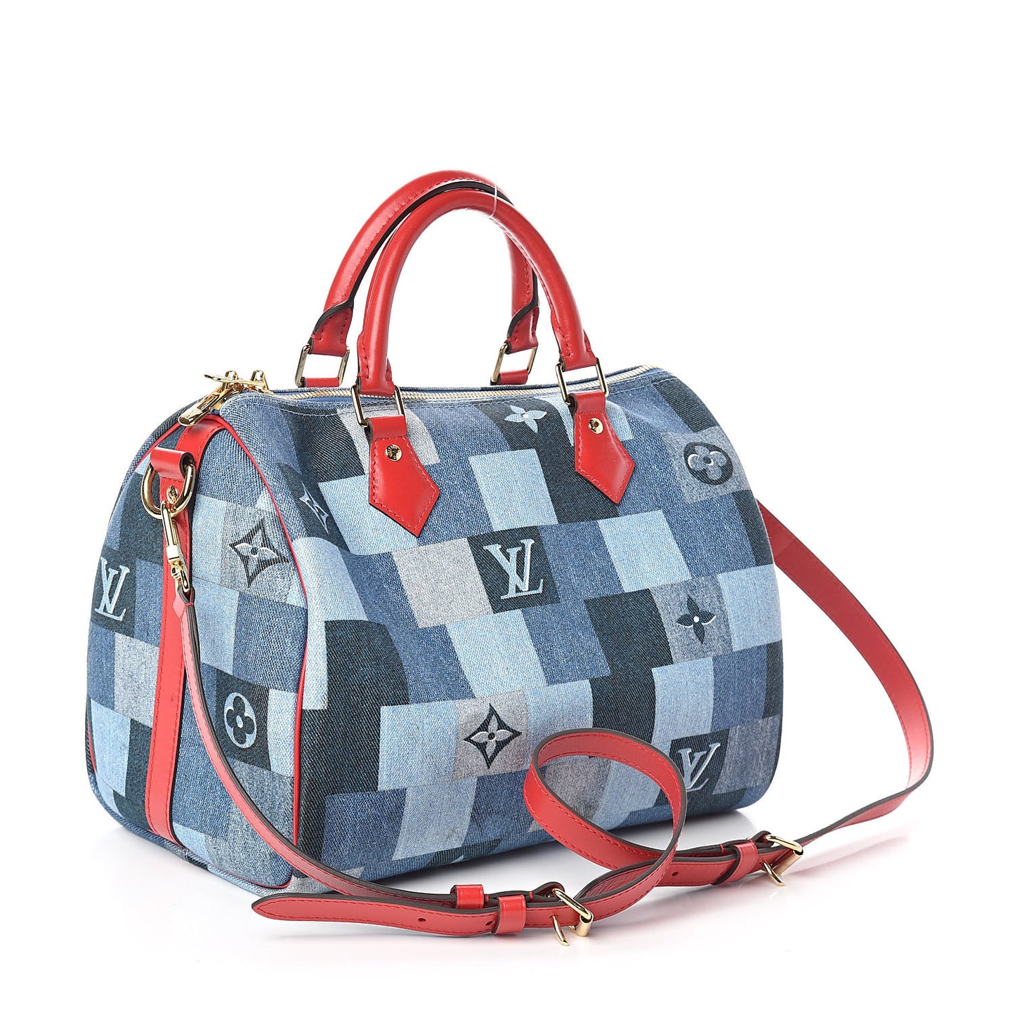 Denim Damier Monogram Patchwork Speedy Bandouliere 30 Blue Rouge