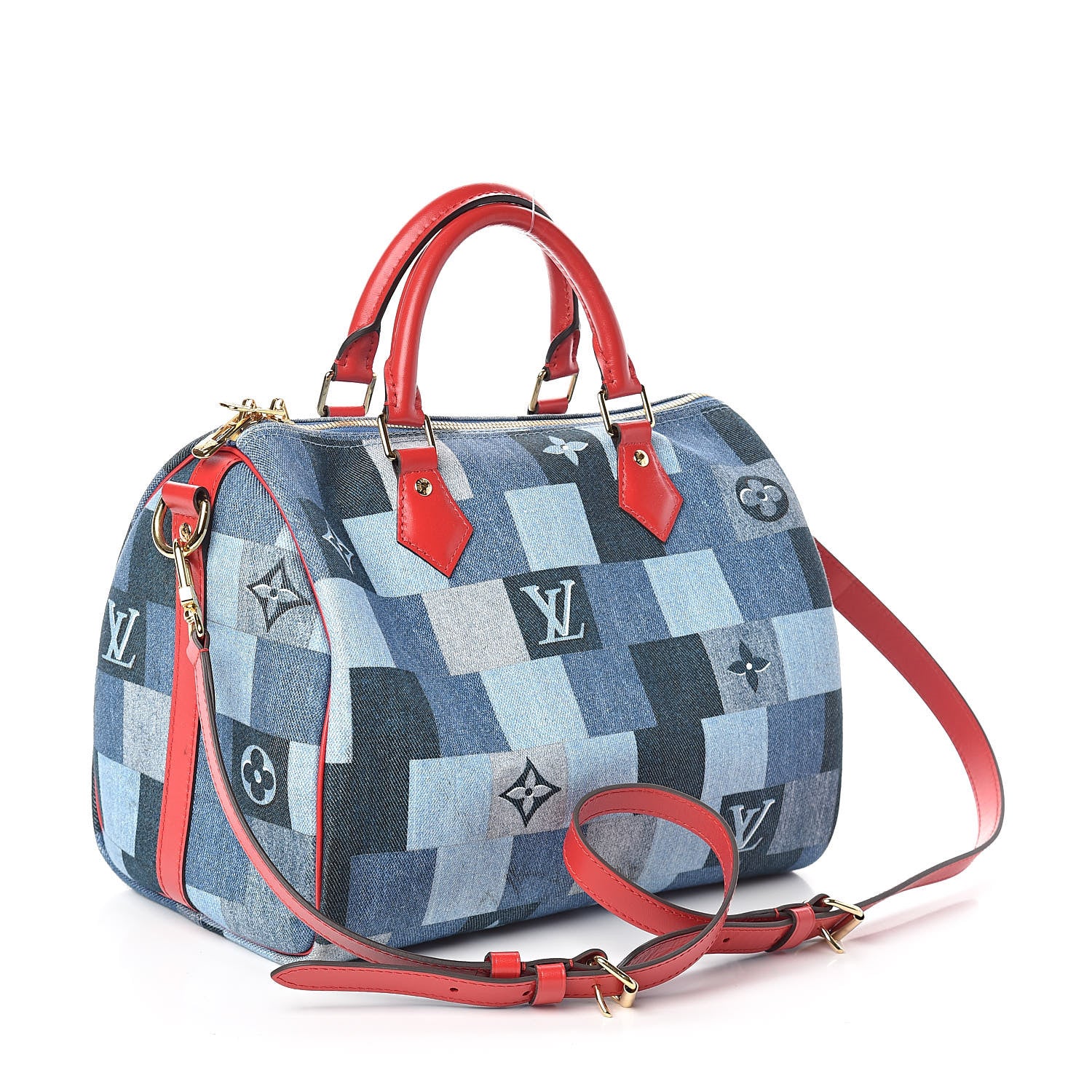 Louis Vuitton Denim Damier Monogram Patchwork Speedy Bandouliere 30 Blue Rouge 3 of 11