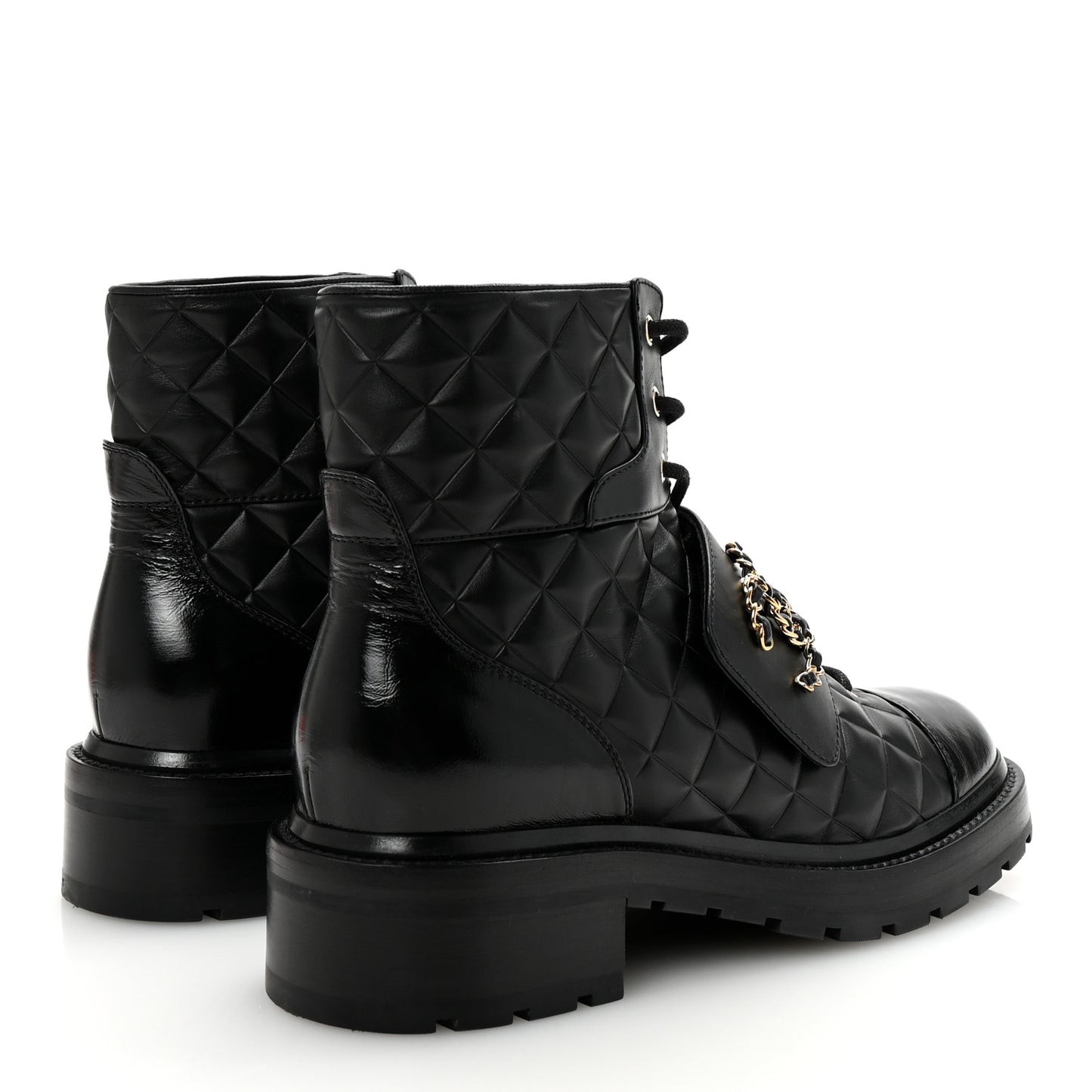 Shiny Calfskin Quilted Lace Up Combat Boots 40.5 Black