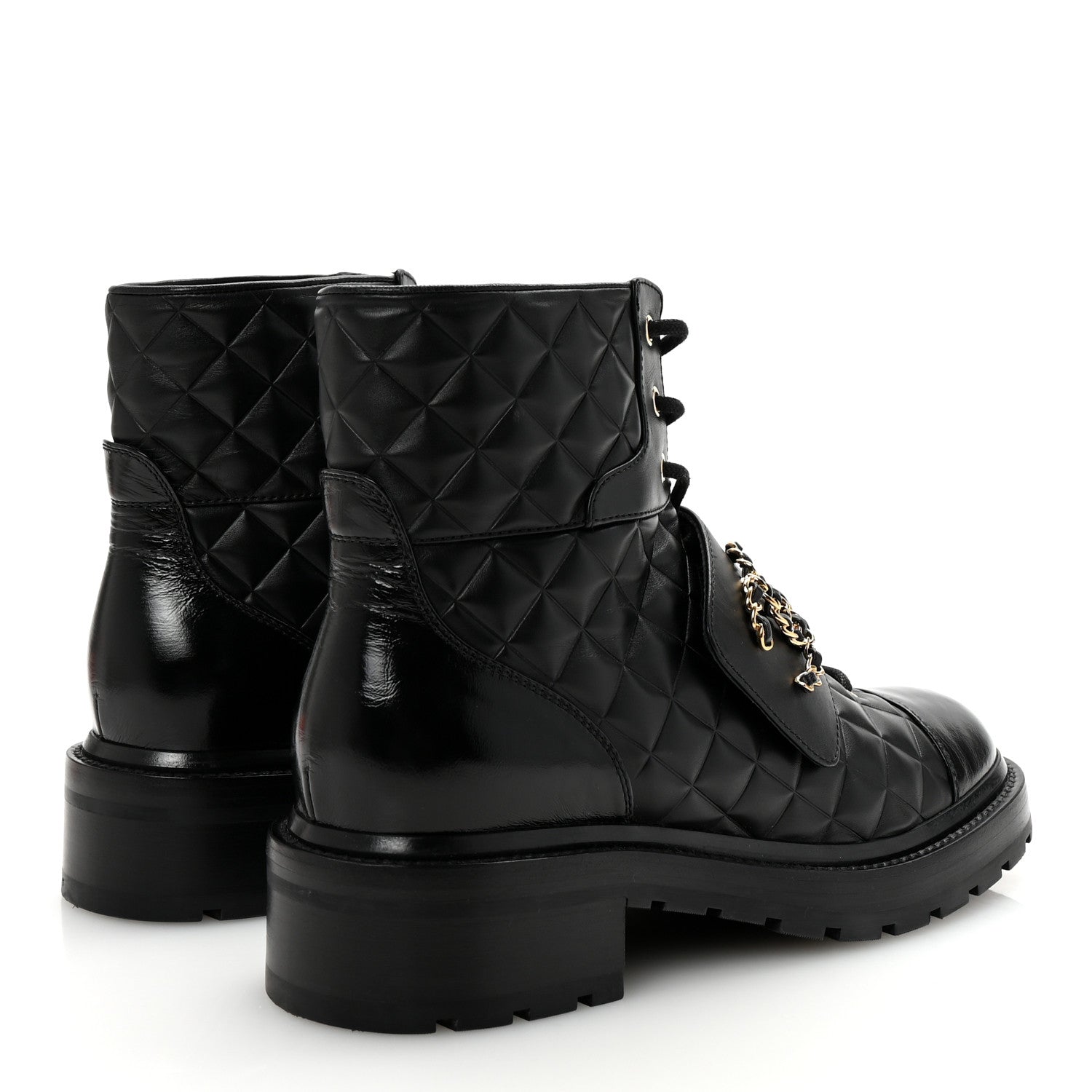 Chanel Shiny Calfskin Quilted Lace Up Combat Boots 40.5 Black 5 of 10