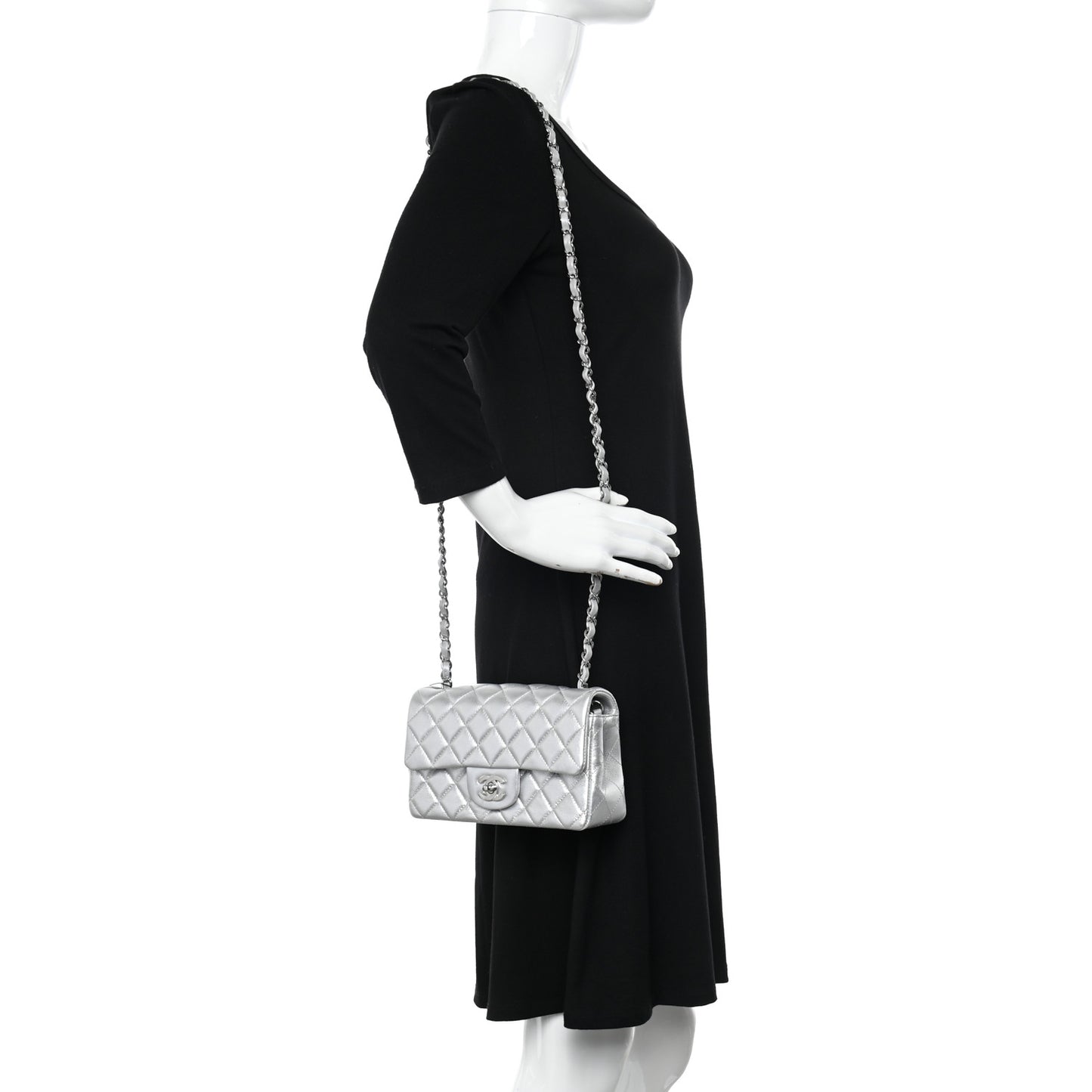 Metallic Lambskin Quilted Mini Rectangular Flap Silver
