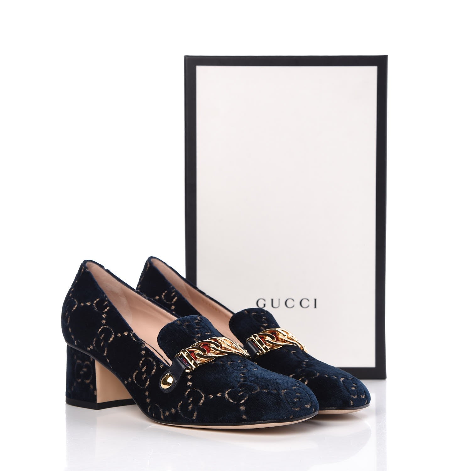 Gucci Velvet GG Monogram Sylvie Web Chain Mid Heel Loafers 39 Blue Beige 10 of 10