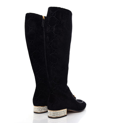 Gucci Velvet GG Monogram Crystal Horsebit Knee High Boots 37.5 Black 4 of 11