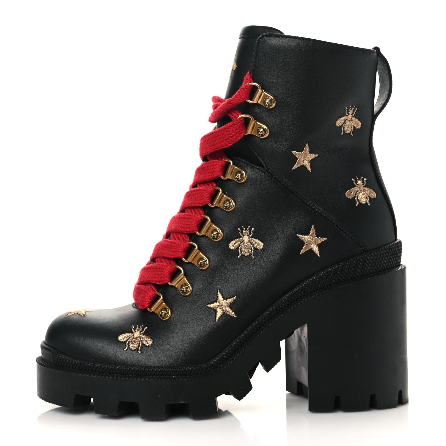 Gucci Calfskin Embroidered Lace Up Combat Ankle Boots 36 Black 1 of 19