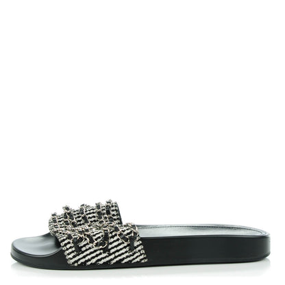 Chanel Tweed Lambskin Chain Flat Sandals 42 Black White 1 of 8