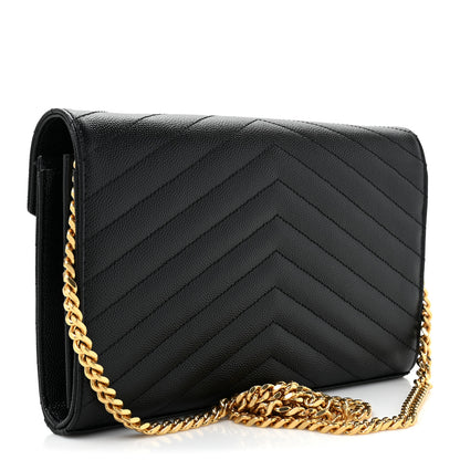 Saint Laurent Grain De Poudre Matelasse Chevron Monogram Chain Wallet Black 3 of 11