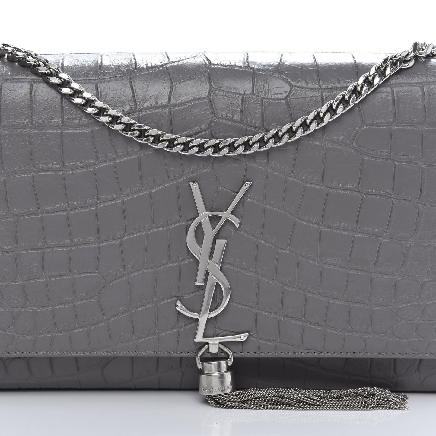 Calfskin Crocodile Embossed Medium Classic Monogram Kate Tassel Satchel Fog