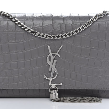 Saint Laurent Calfskin Crocodile Embossed Medium Classic Monogram Kate Tassel Satchel Fog 11 of 11