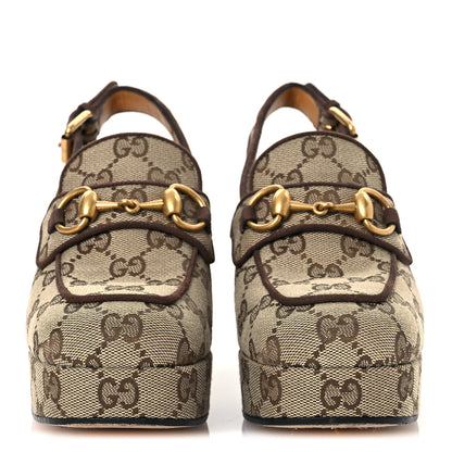 Gucci Monogram Kid Scamosciato Horsebit Platform 25/85mm Slingback Mules 35.5 Beige Ebony New Acero 3 of 12