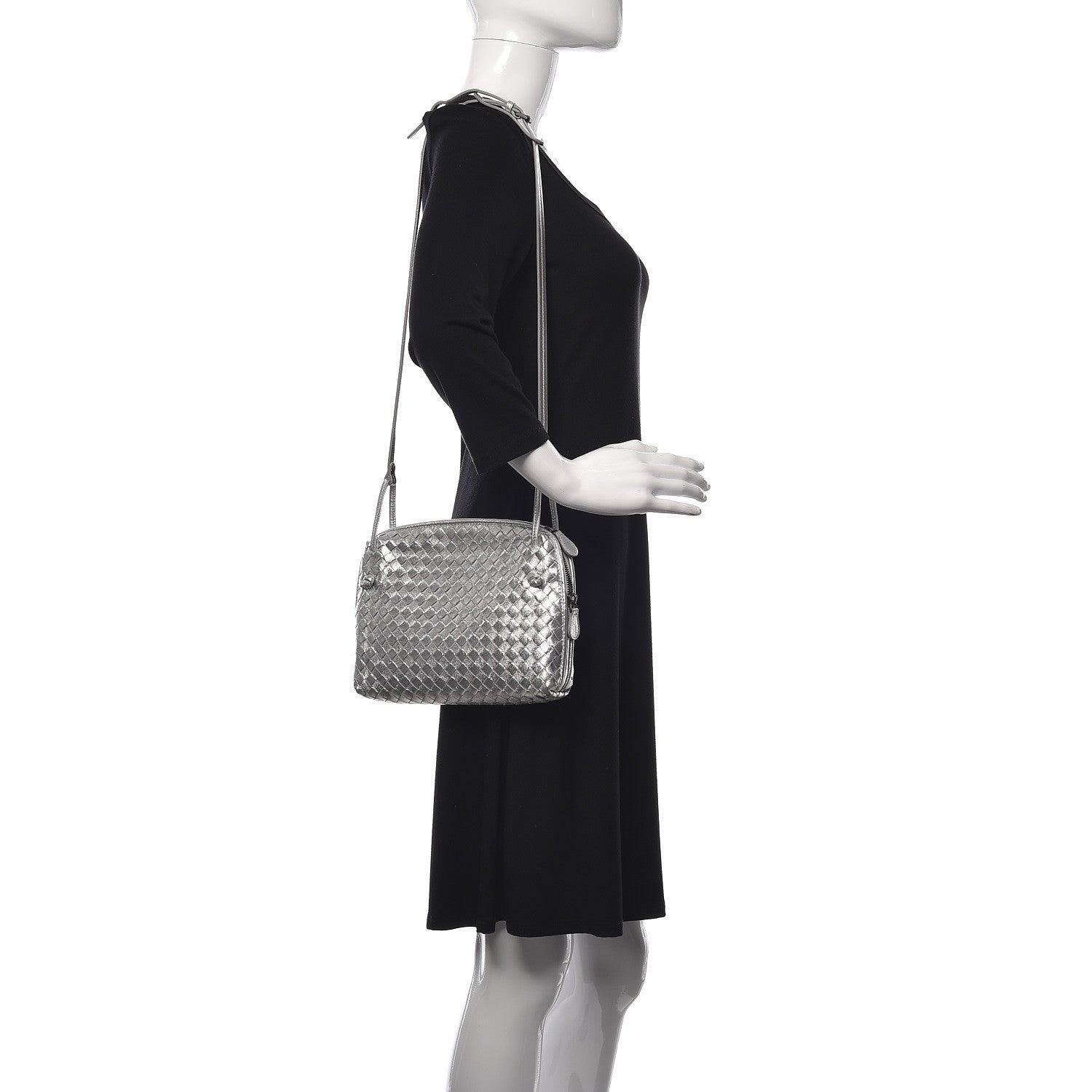Bottega Veneta Metallic Grosgrain Intrecciato Nodini Crossbody Messenger Silver 2 of 15
