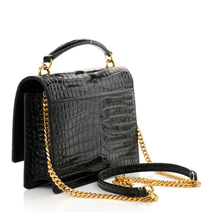 Saint Laurent Calfskin Crocodile Embossed Monogram Sunset Top Handle Chain Wallet Black 3 of 12