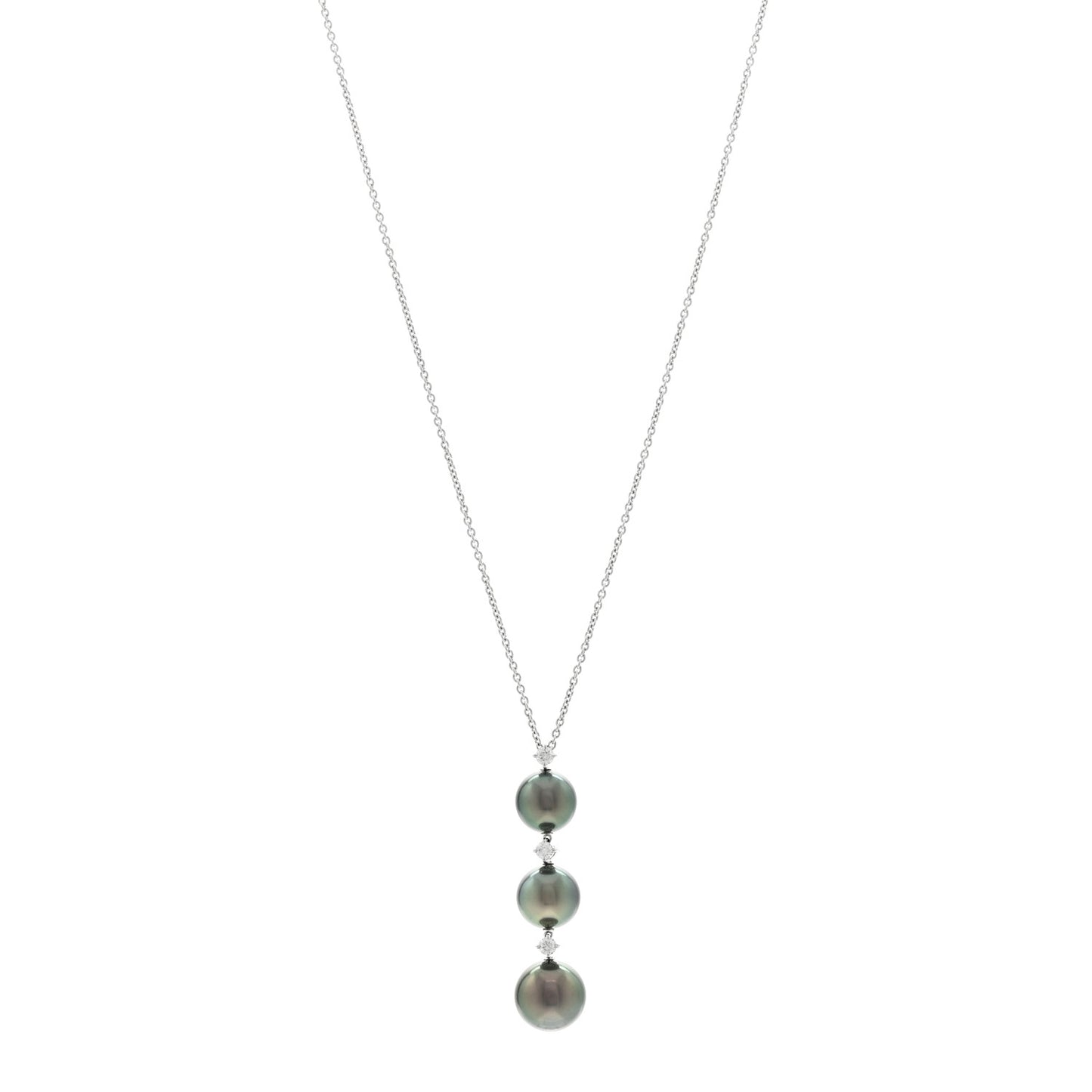 18K White Gold Diamond Black South Sea Pearl 8-9mm Drop Pendant Necklace