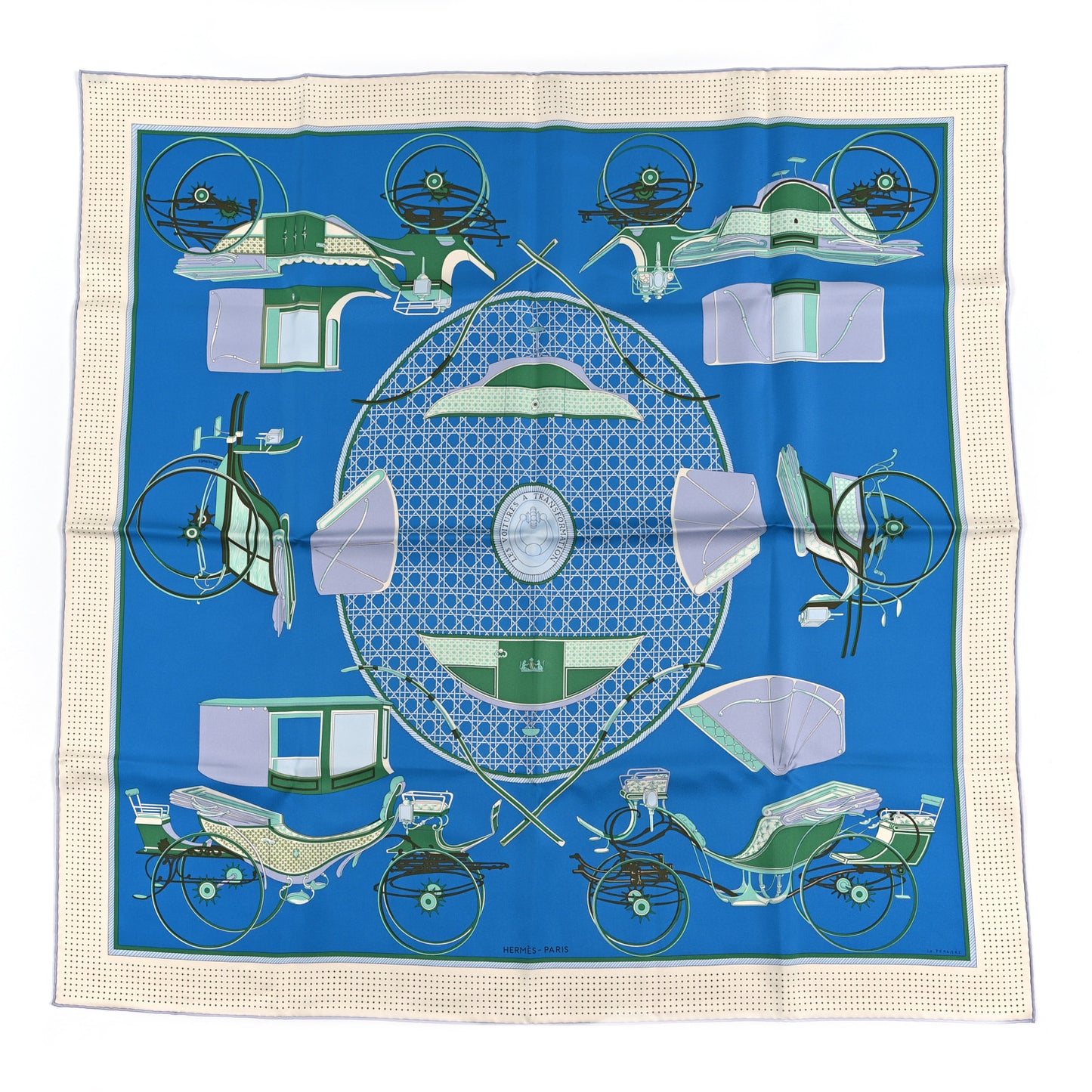 Silk Les Voitures A Transformation Scarf 90 Bleu Cobalt Ivoire Vert