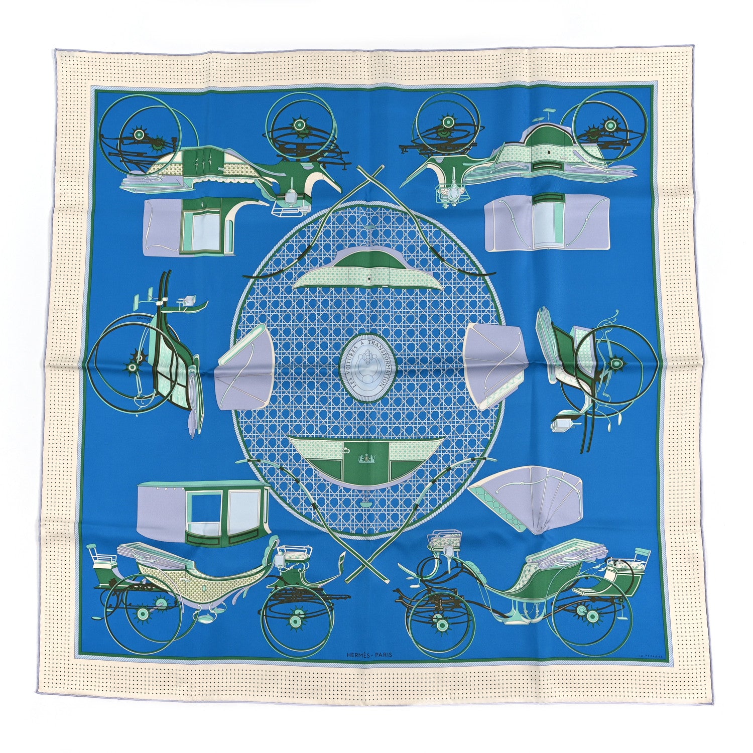 Hermes Silk Les Voitures A Transformation Scarf 90 Bleu Cobalt Ivoire Vert 1 of 3
