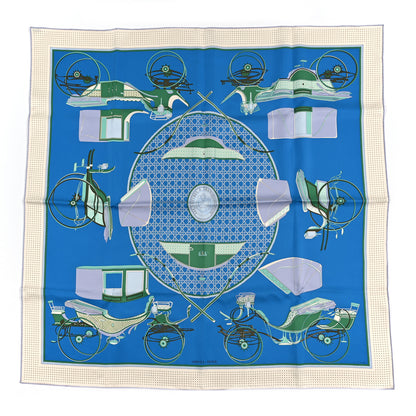 Hermes Silk Les Voitures A Transformation Scarf 90 Bleu Cobalt Ivoire Vert 1 of 3