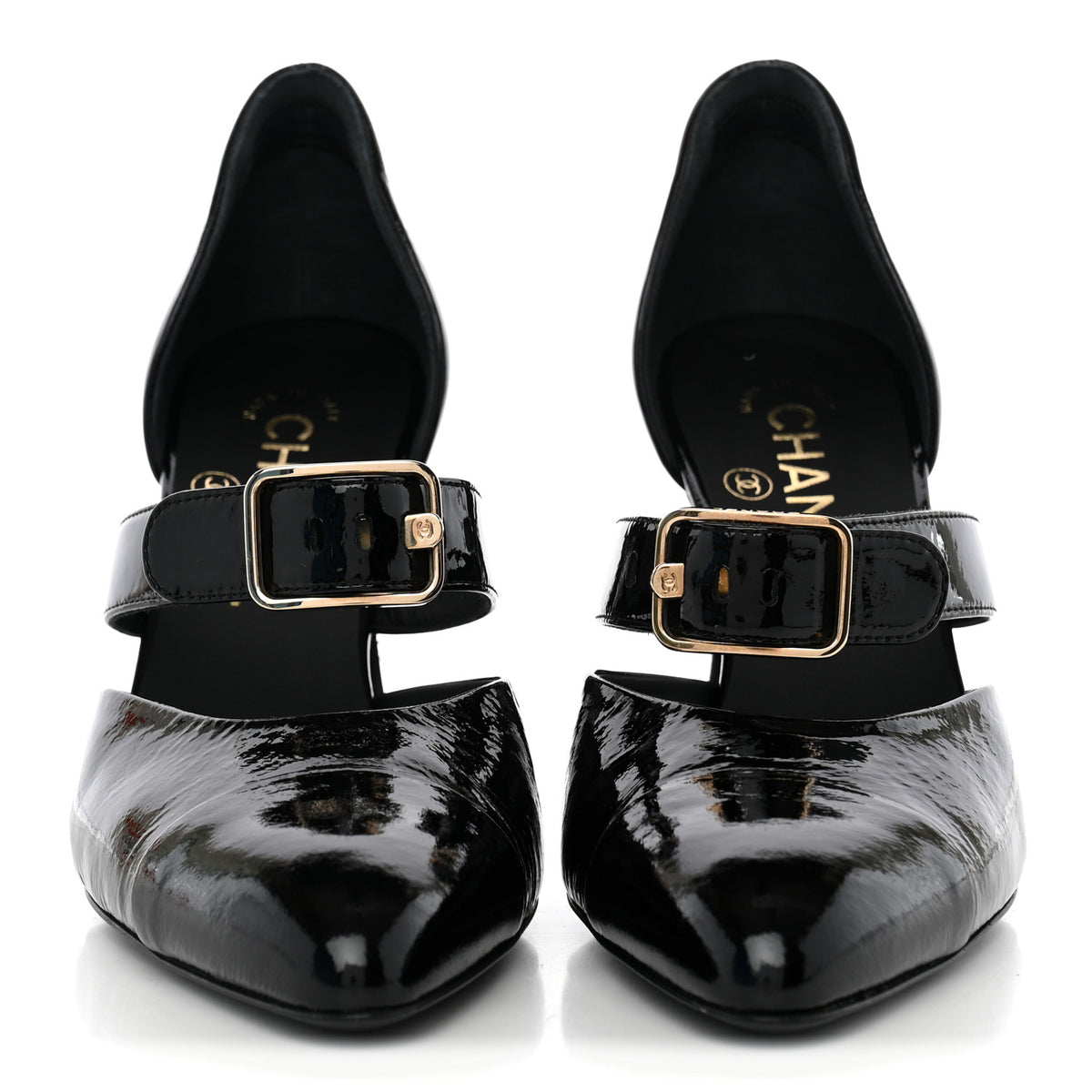 Patent Goatskin Cap Toe Buckle Pumps 37.5 Black