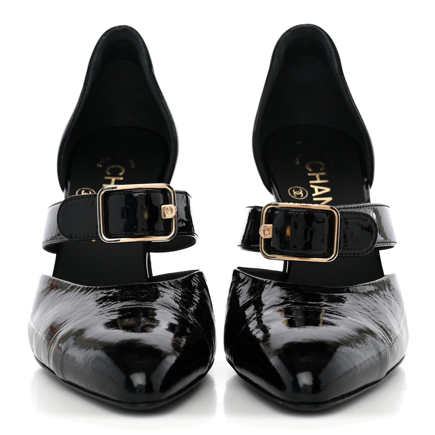 Chanel Patent Goatskin Cap Toe Buckle Pumps 37.5 Black 2 of 9