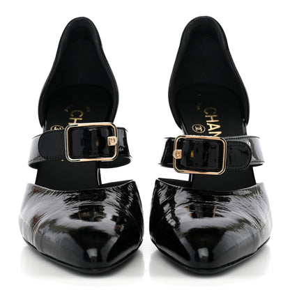 Chanel Patent Goatskin Cap Toe Buckle Pumps 37.5 Black 2 of 9