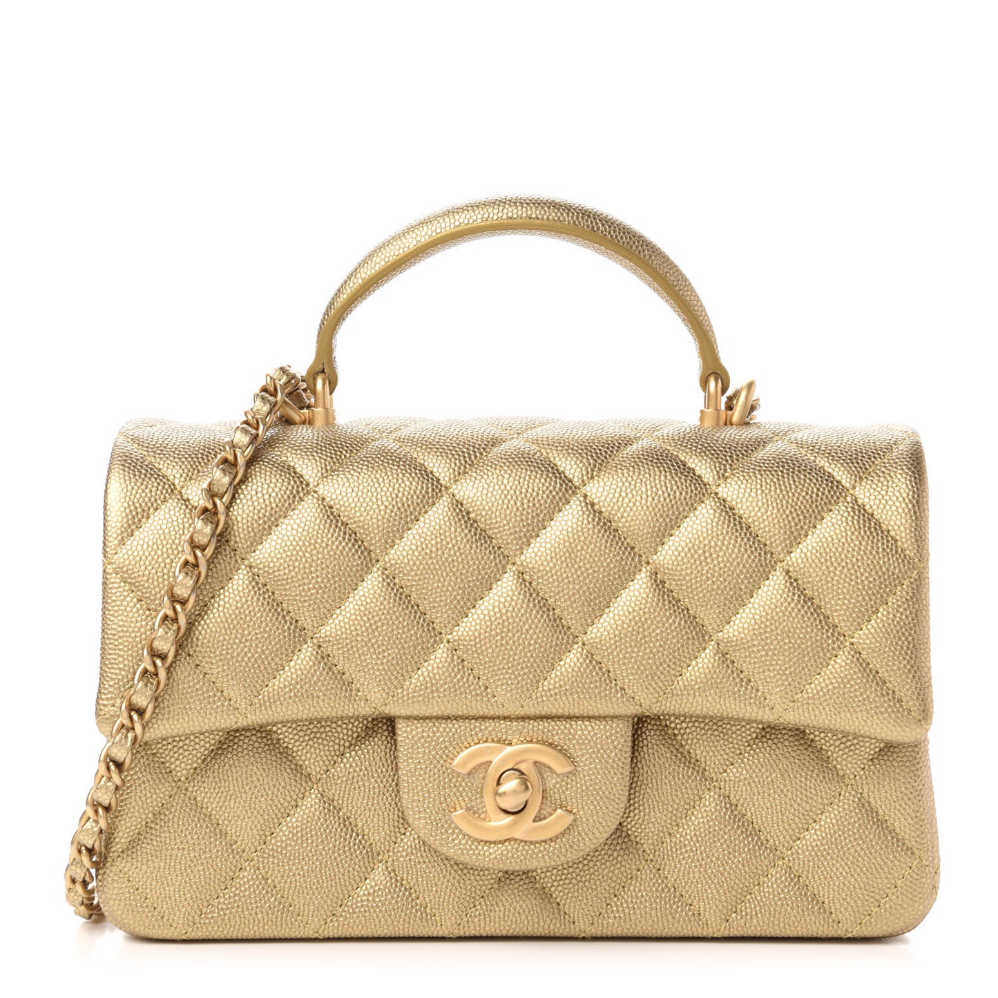 Metallic Caviar Quilted Mini Top Handle Rectangular Flap Gold