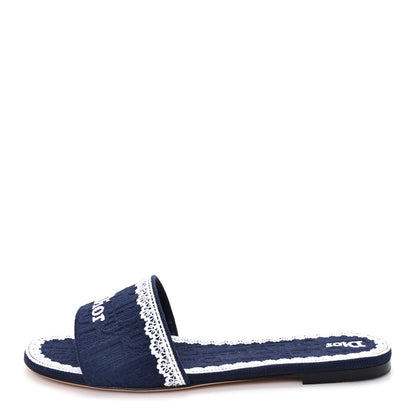 Christian Dior Oblique Embroidered Cotton Lace Dentelle Flat Slide Sandals 39 Navy Blue White 1 of 10