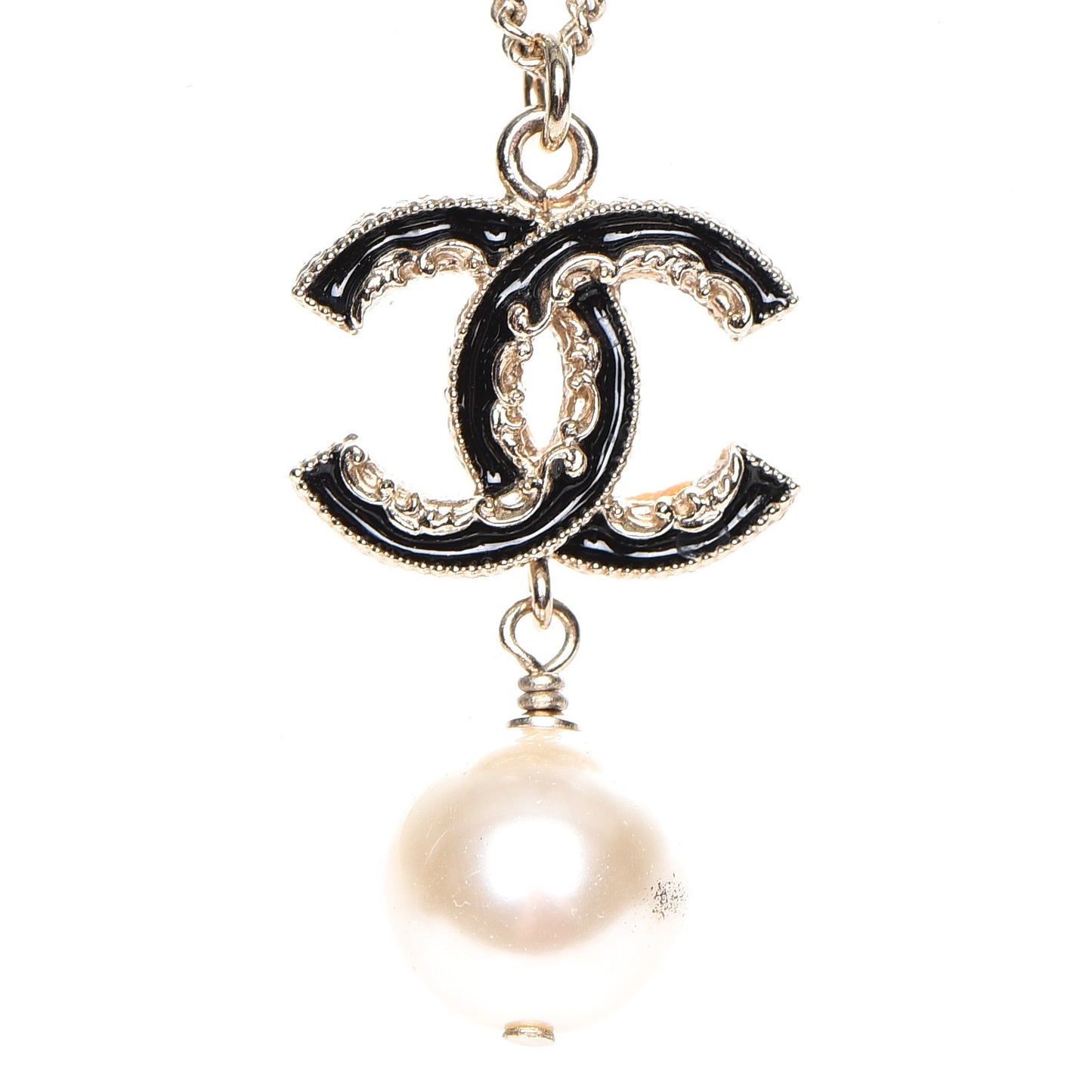 Enamel CC Baroque Pearl Drop Necklace Black Gold