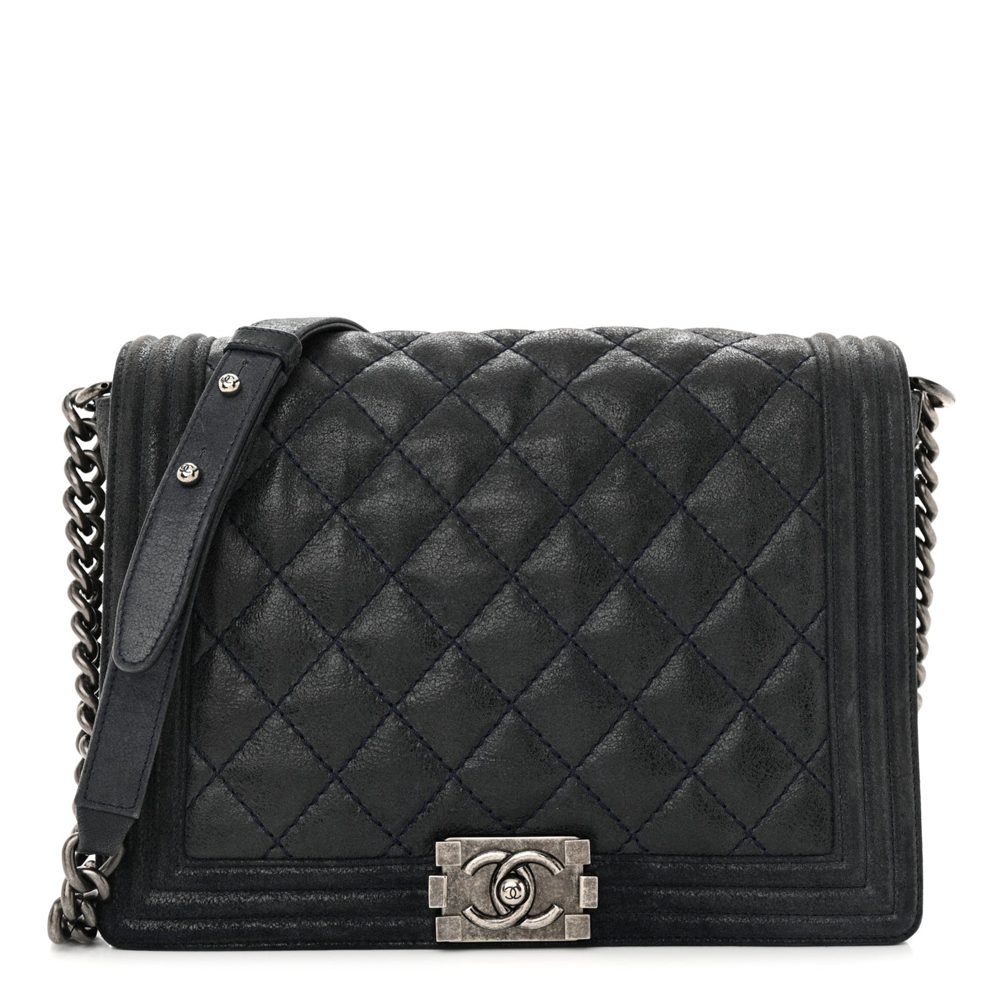 Goatskin Quilted Medium Gentle Boy Flap Navy Blue