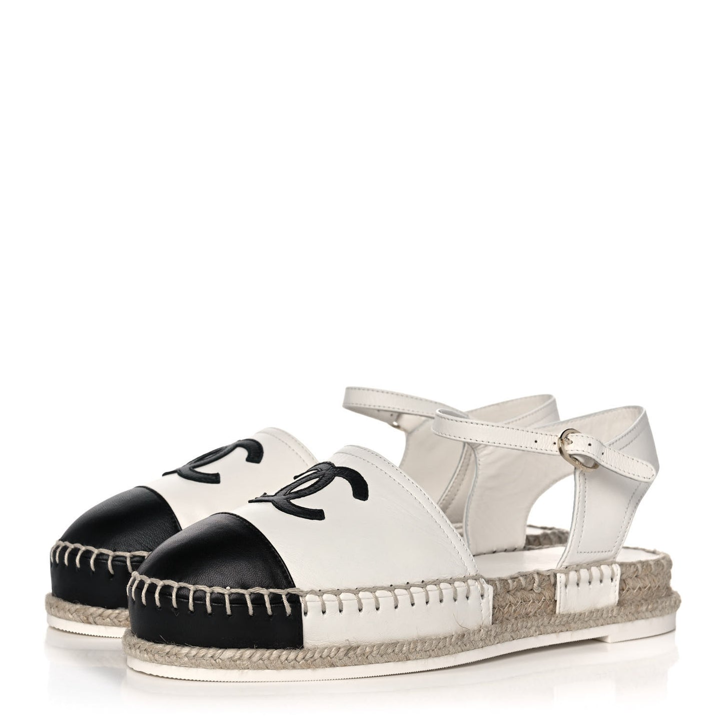 Lambskin Cap Toe CC Espadrille Sandals 37 White Black
