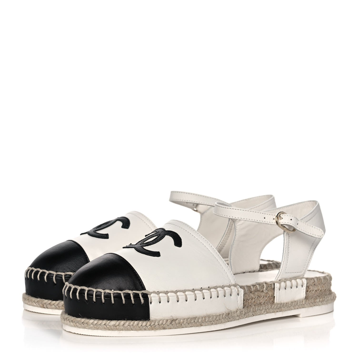 Chanel Lambskin Cap Toe CC Espadrille Sandals 37 White Black 3 of 11