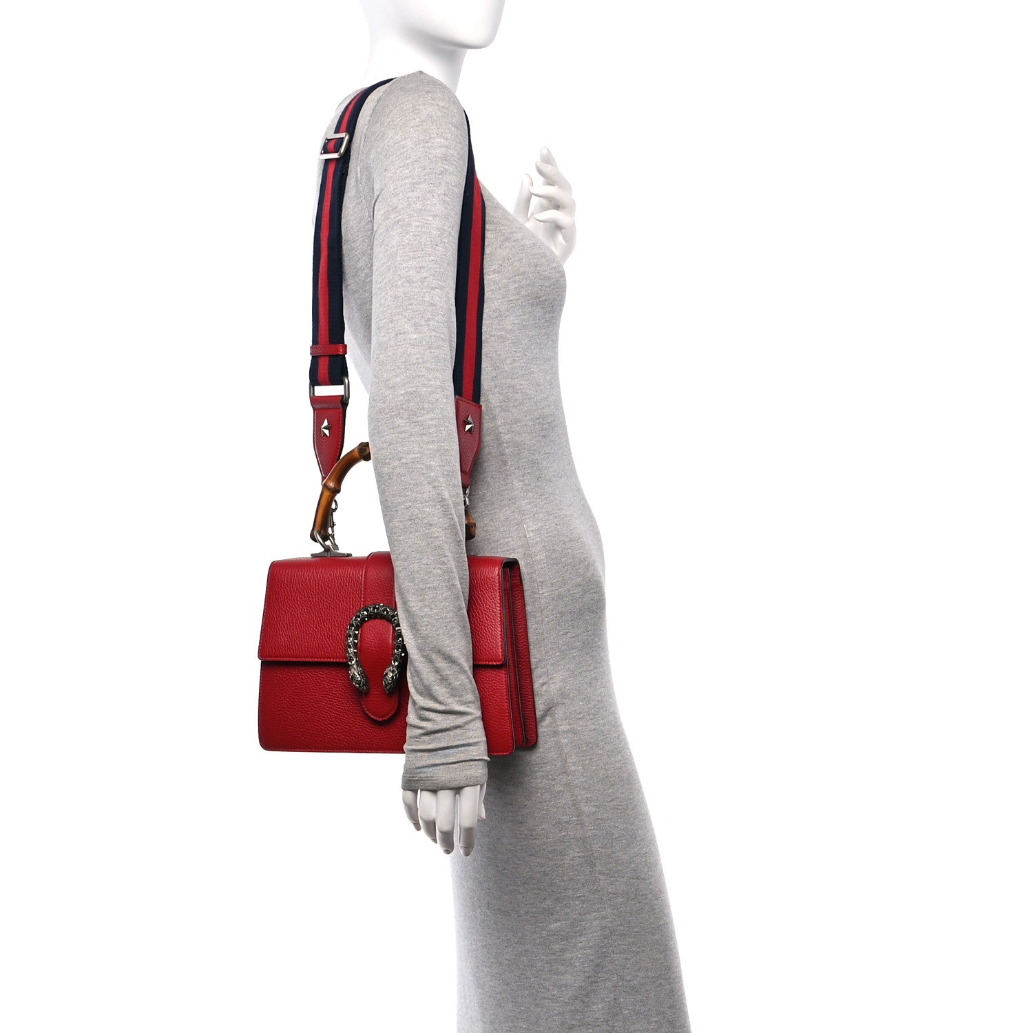 Gucci Dollar Calfskin Crystal Web Medium Dionysus Bamboo Top Handle Bag Hibiscus Red Black Diamond 2 of 10