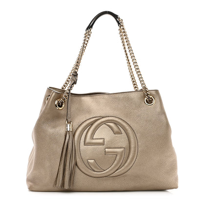 Gucci Metallic Pebbled Calfskin Medium Soho Chain Shoulder Bag Golden Beige 1 of 12