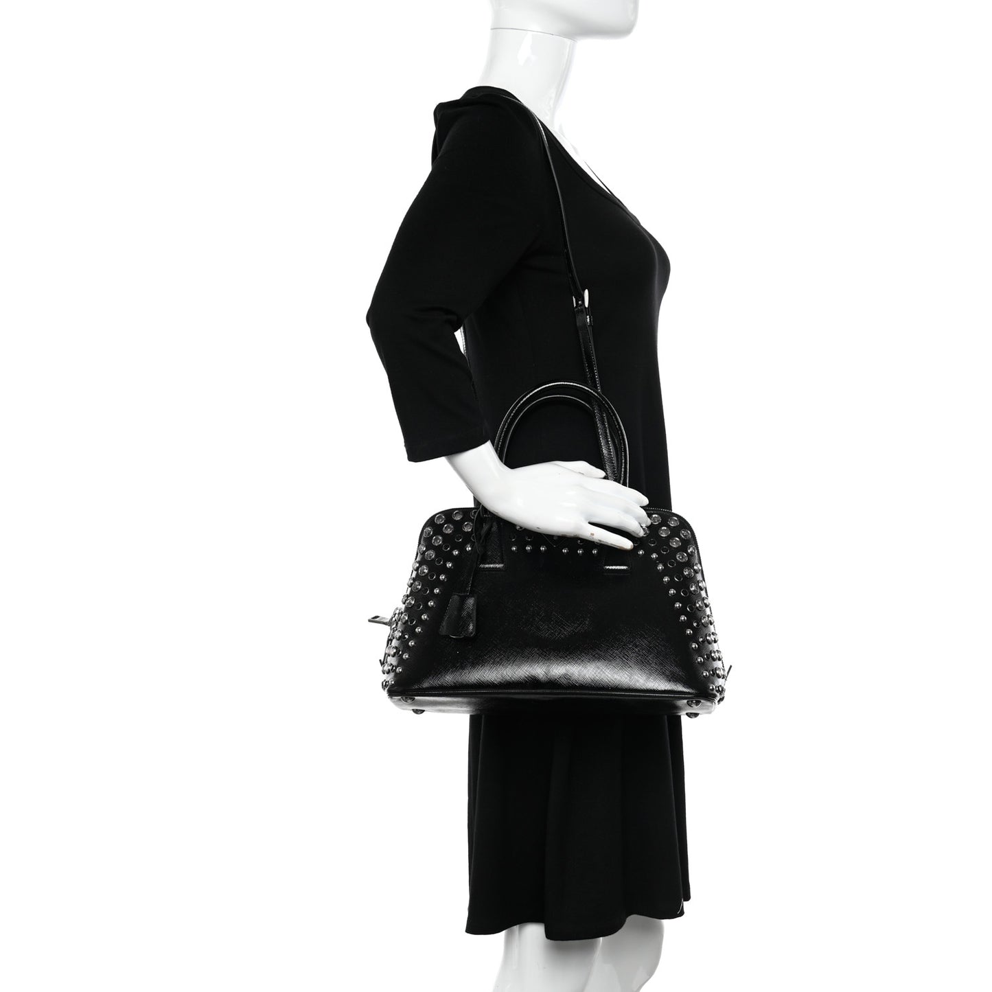 Saffiano Vernice Small Crystal Pyramid Bag Black