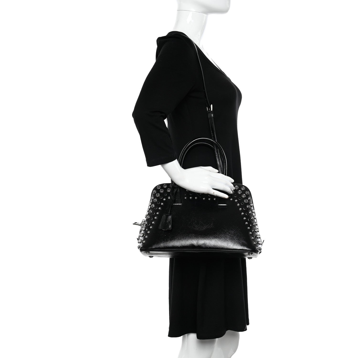 Prada Saffiano Vernice Small Crystal Pyramid Bag Black 2 of 9