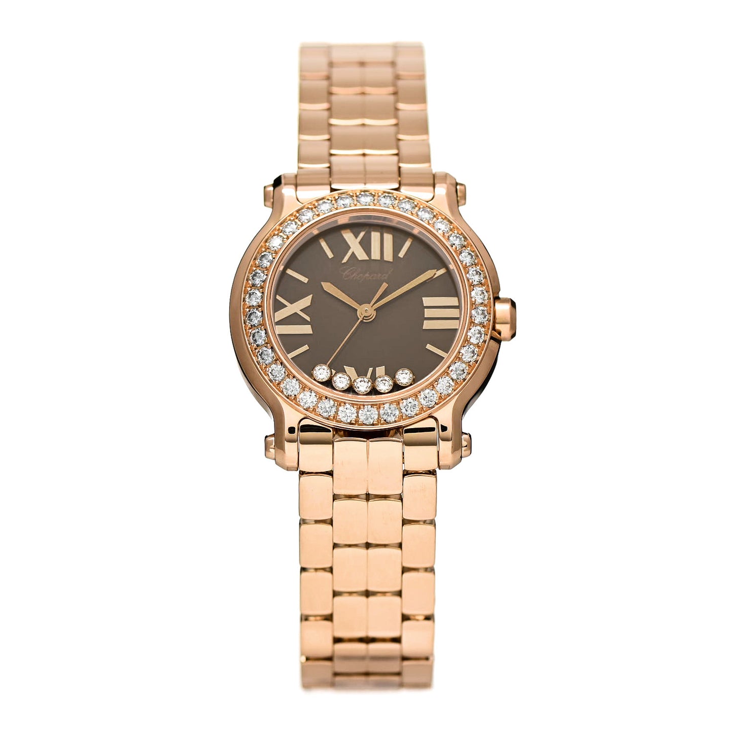18K Rose Gold Diamond Bezel 30mm Happy Sport Quartz Watch Brown