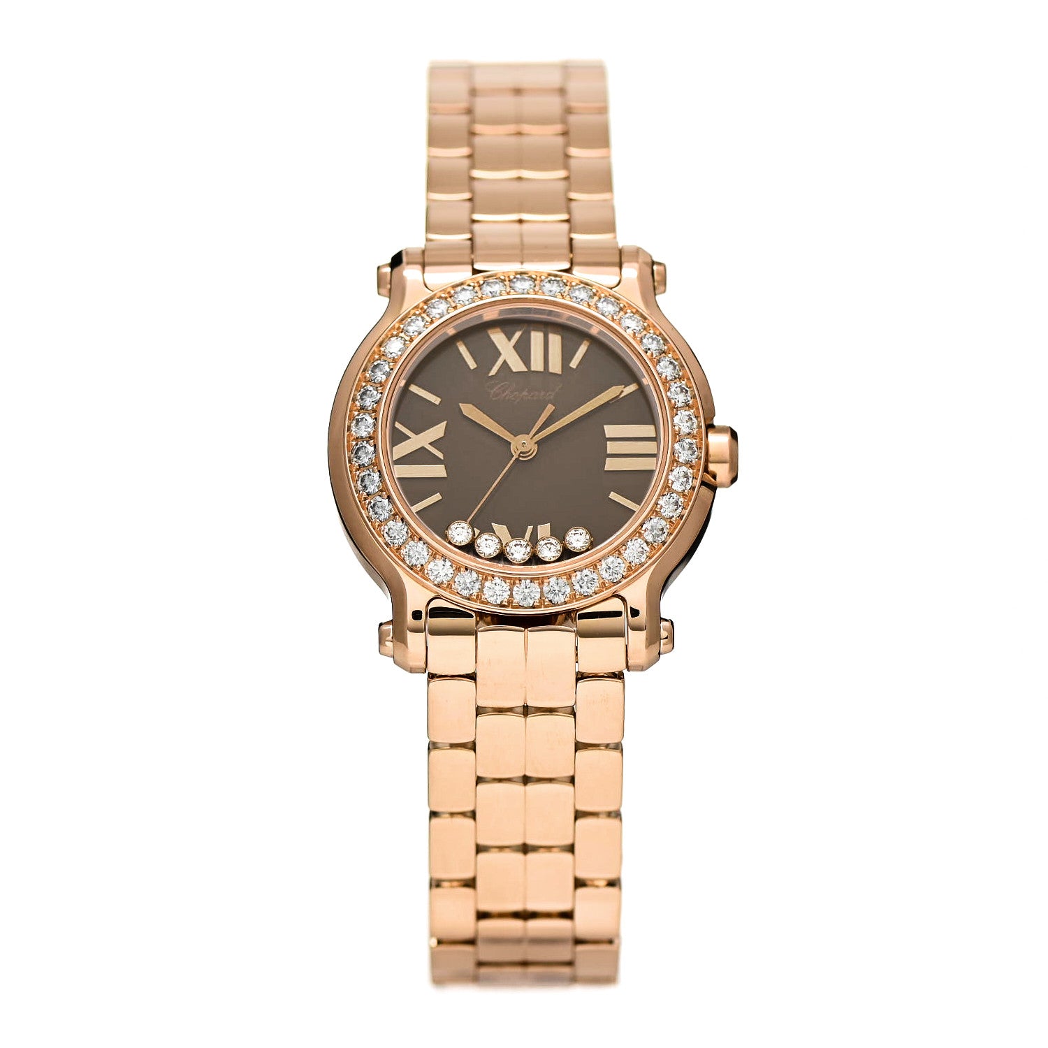 Chopard 18K Rose Gold Diamond Bezel 30mm Happy Sport Quartz Watch Brown 1 of 5