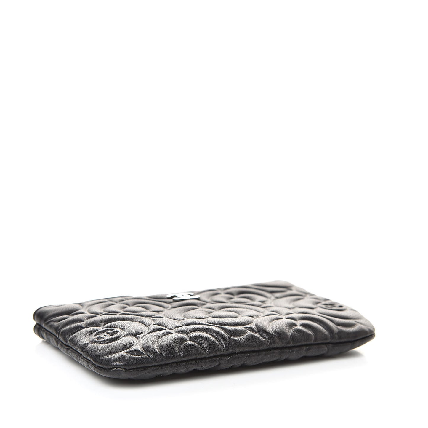 Goatskin Camellia Embossed Cosmetic Pouch Black