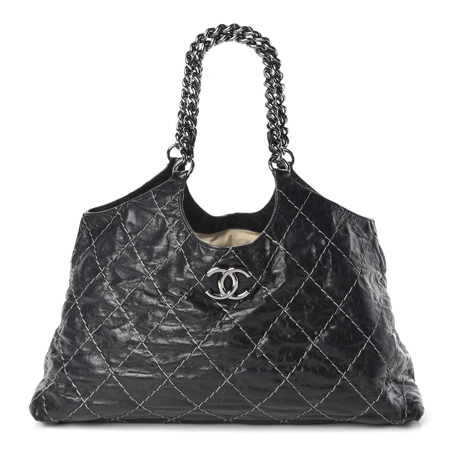 Glazed Goatskin Double Contrast Stitch Tote Black