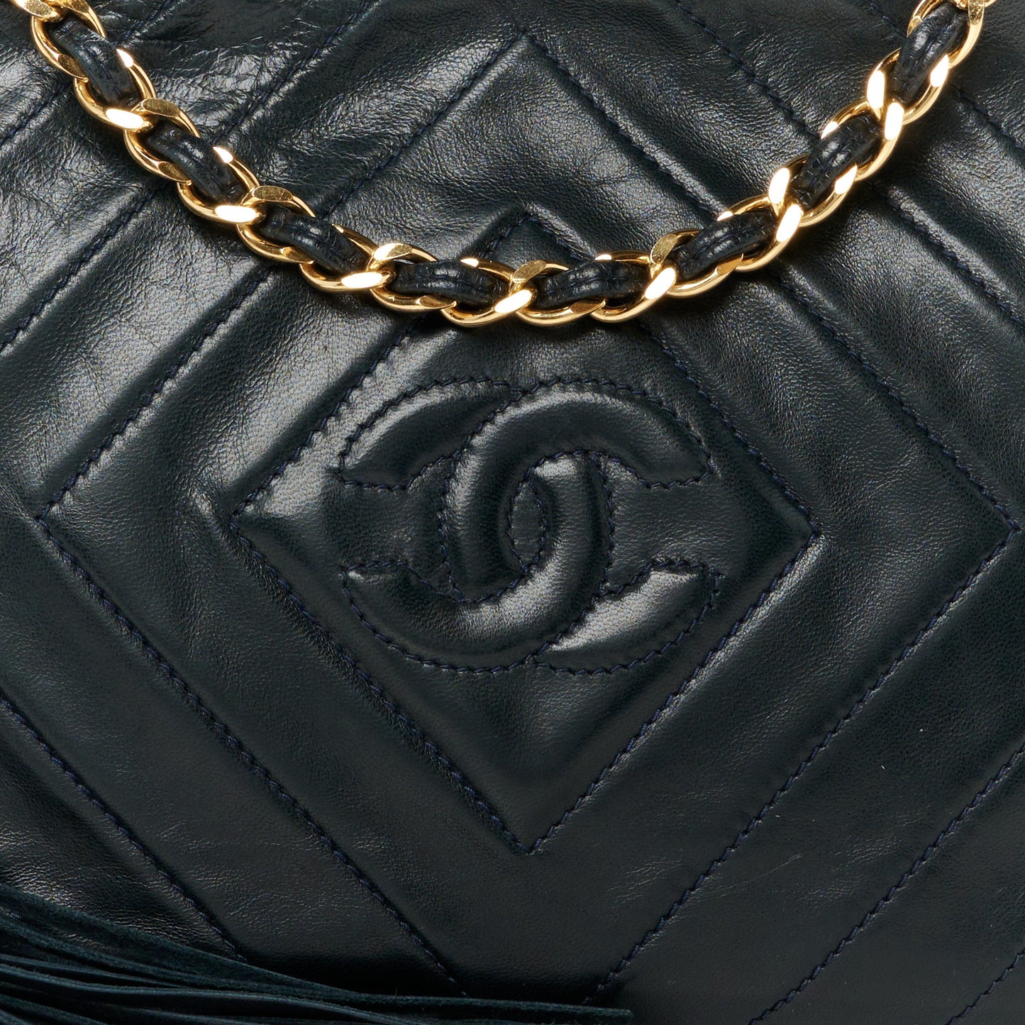 Lambskin Quilted Camera Tassel Bag Navy