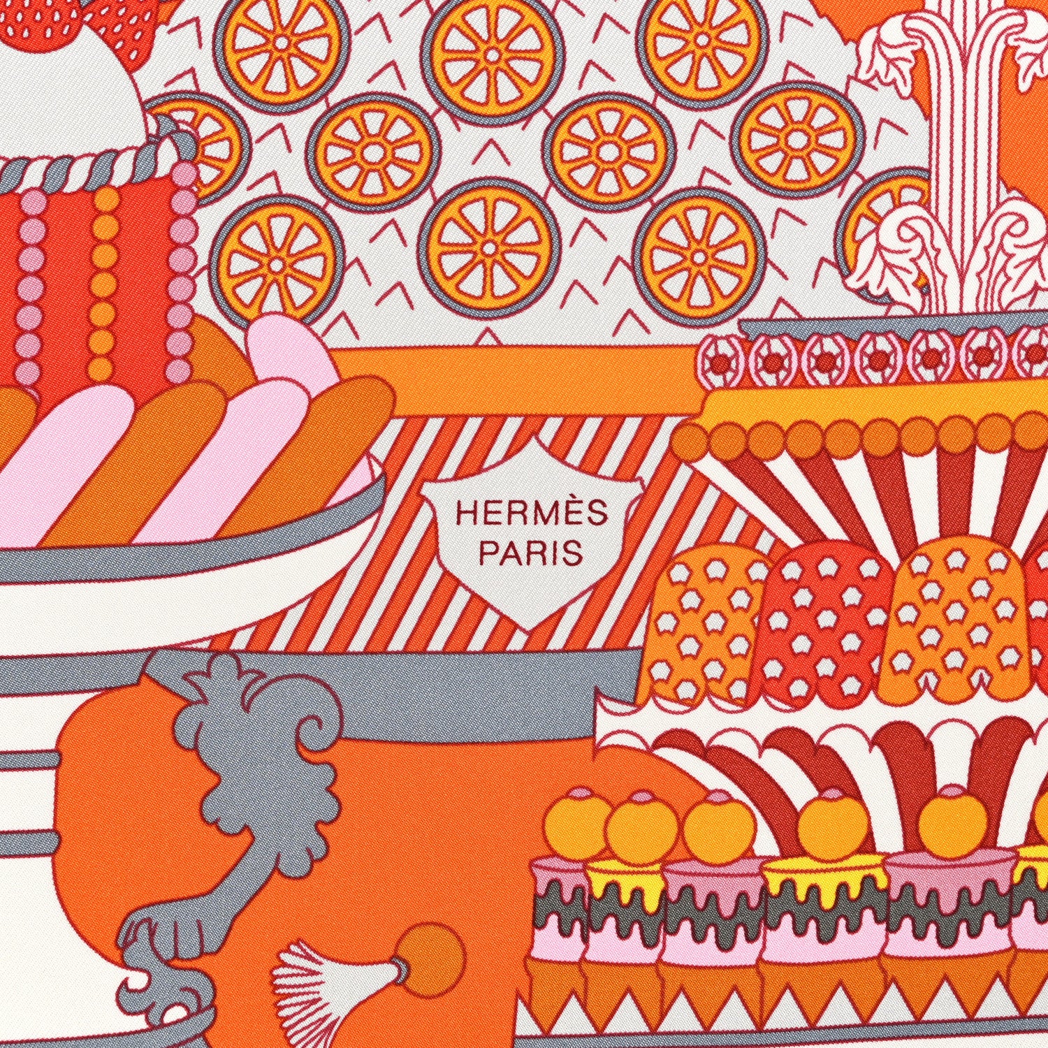 Hermes Silk La Patisserie Francaise Scarf 90 Orange Rose Gris 2 of 6