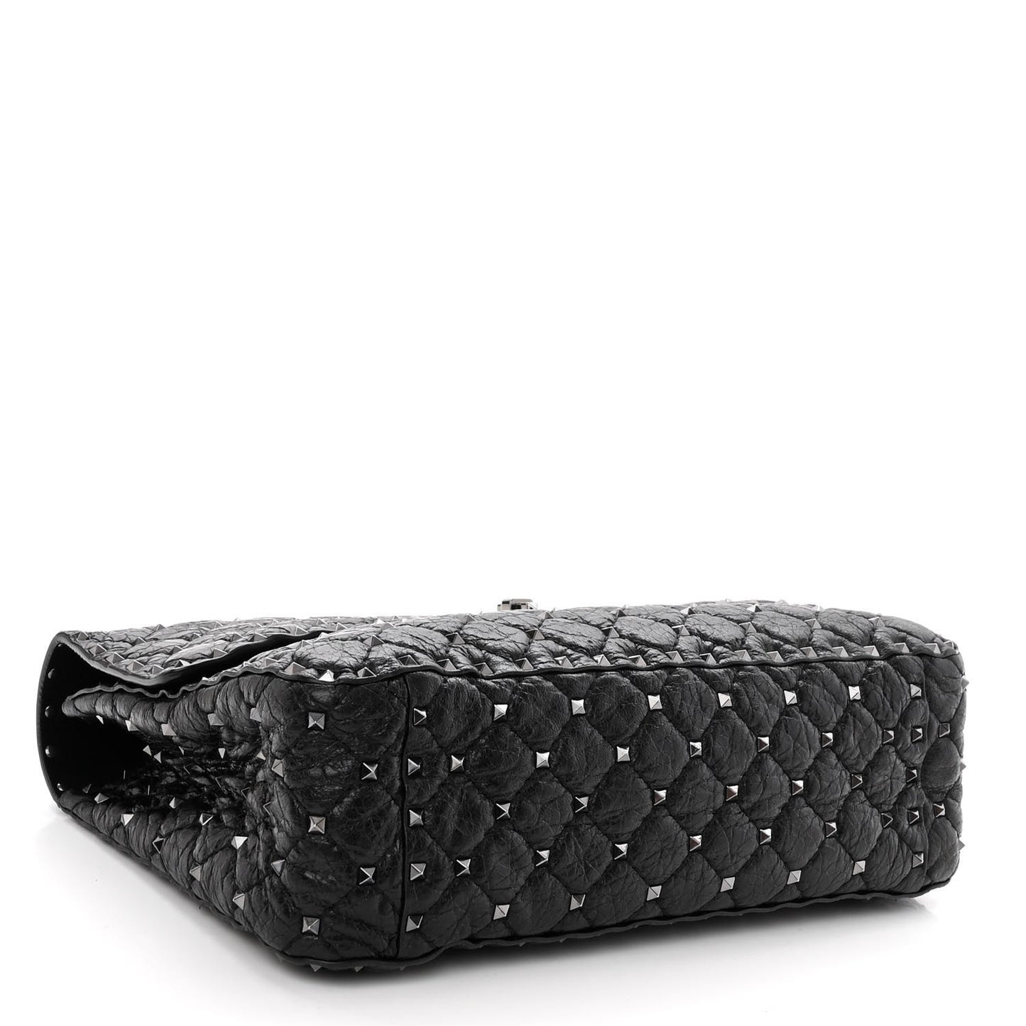 Craquele Nappa Large Rockstud Spike Shoulder Bag Black