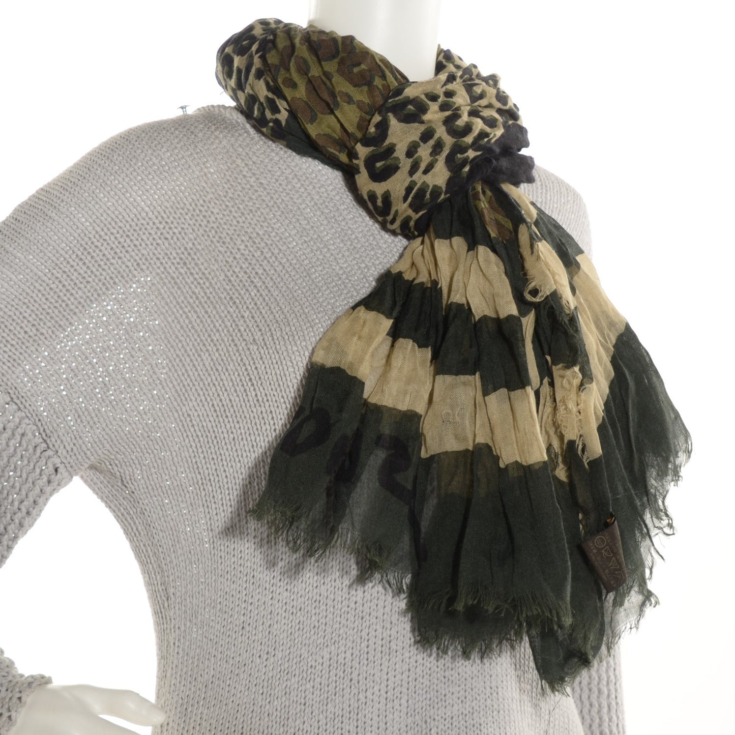 Cashmere Silk Leopard V Stole Kaki Vanilla