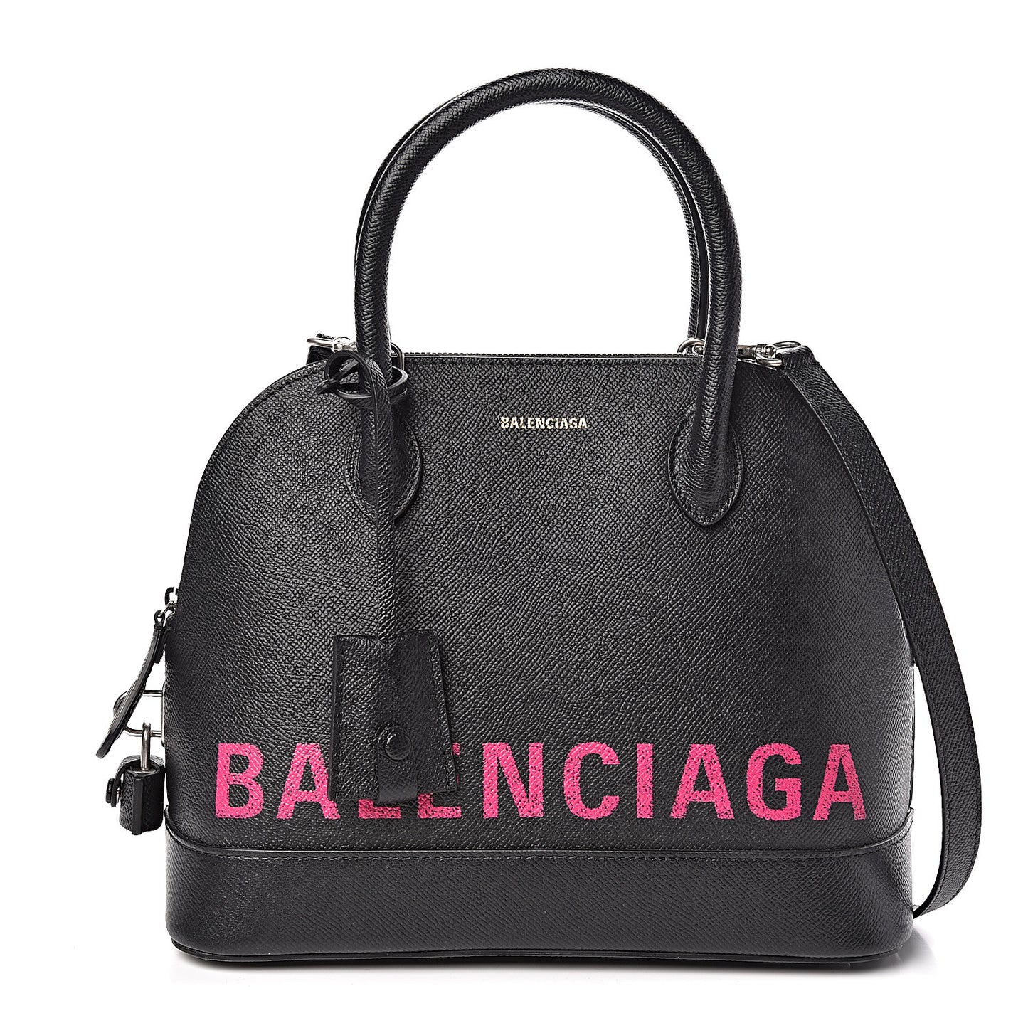 Signature Grained Calfskin Logo S Ville Top Handle Bag Black Rose Shocking