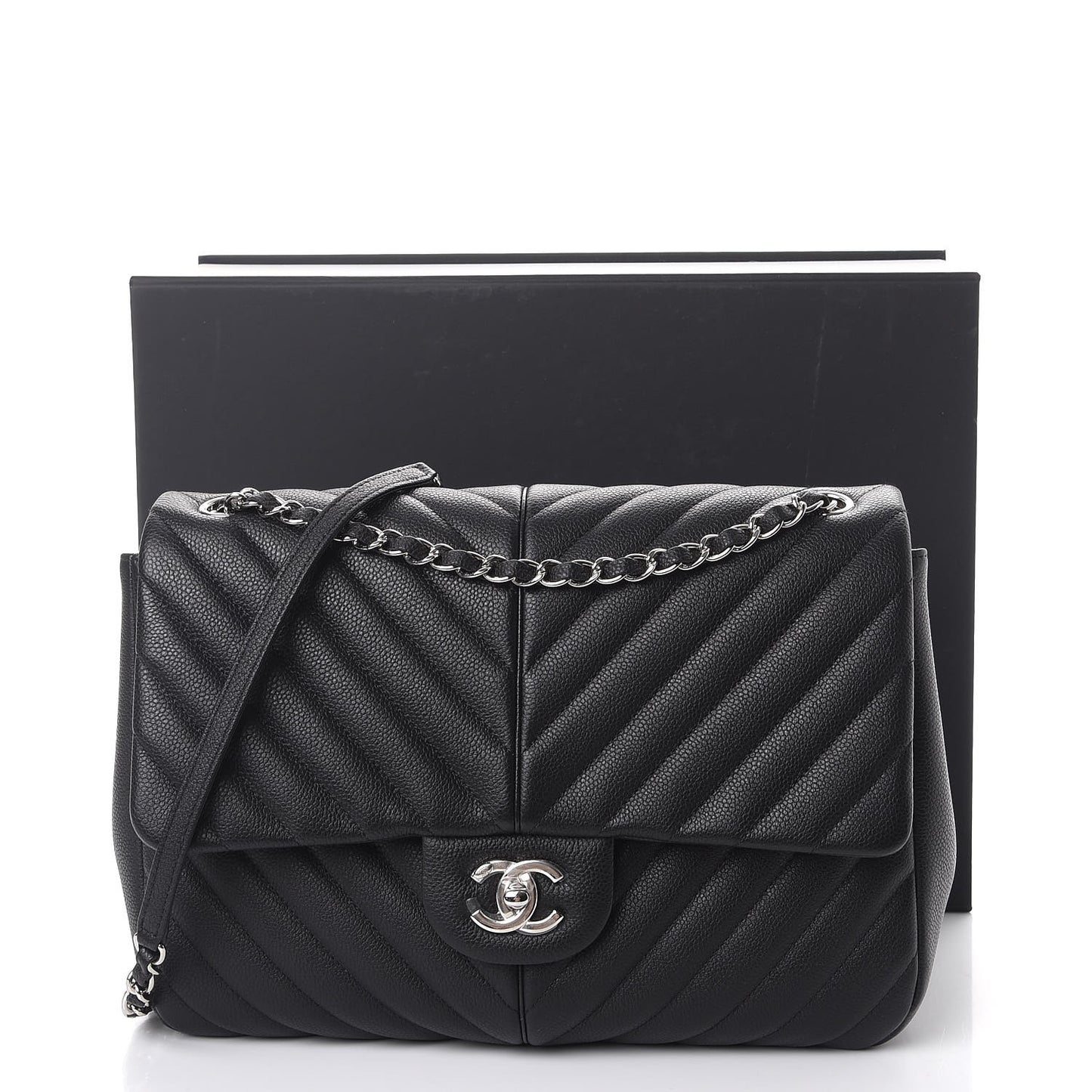 Caviar Chevron Quilted Large Puffy CC Flap Black