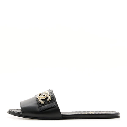 Chanel Lambskin Pearl Crystal CC Sandals 39.5 Black 1 of 9