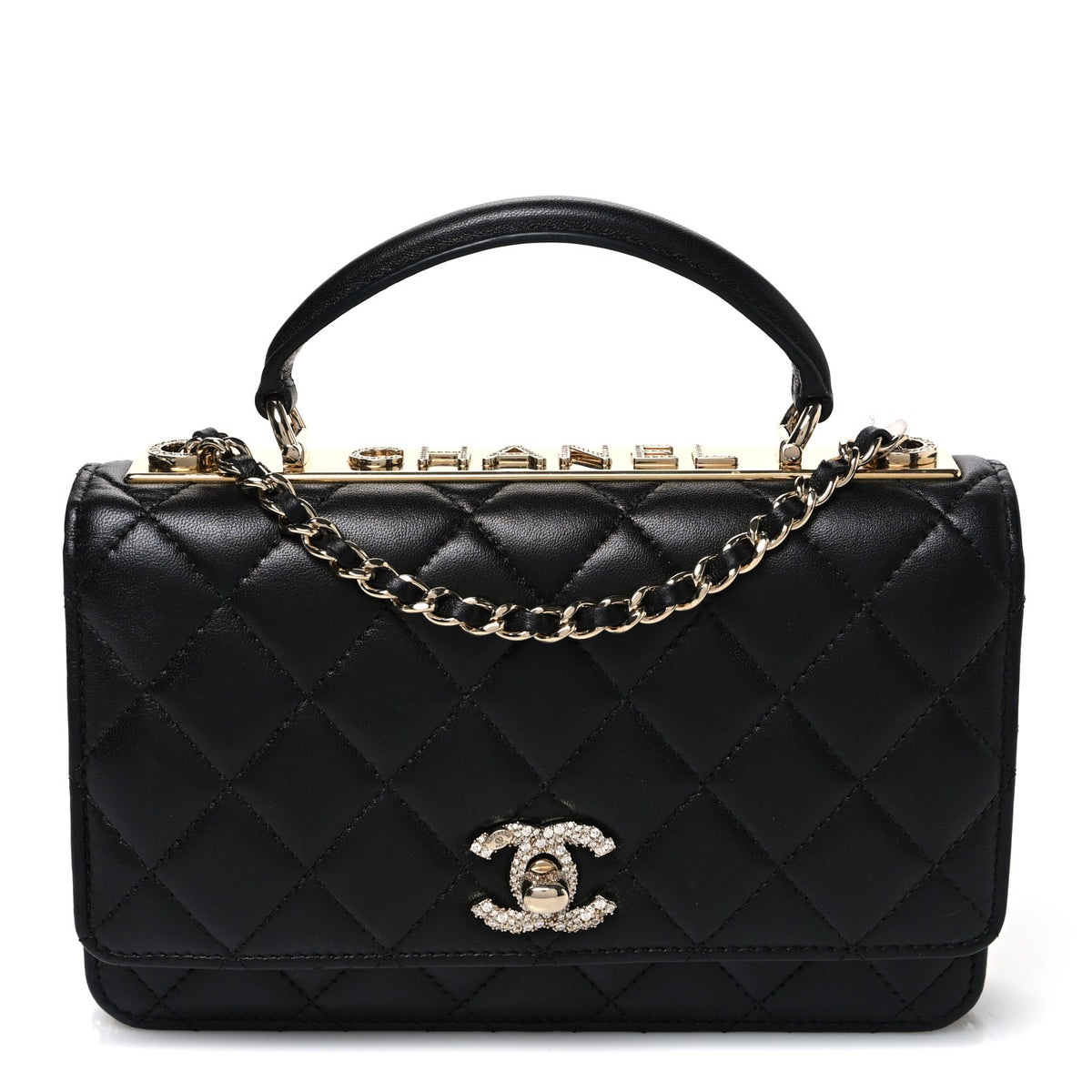 Lambskin Crystal Quilted Trendy CC Top Handle WOC Flap Bag Black