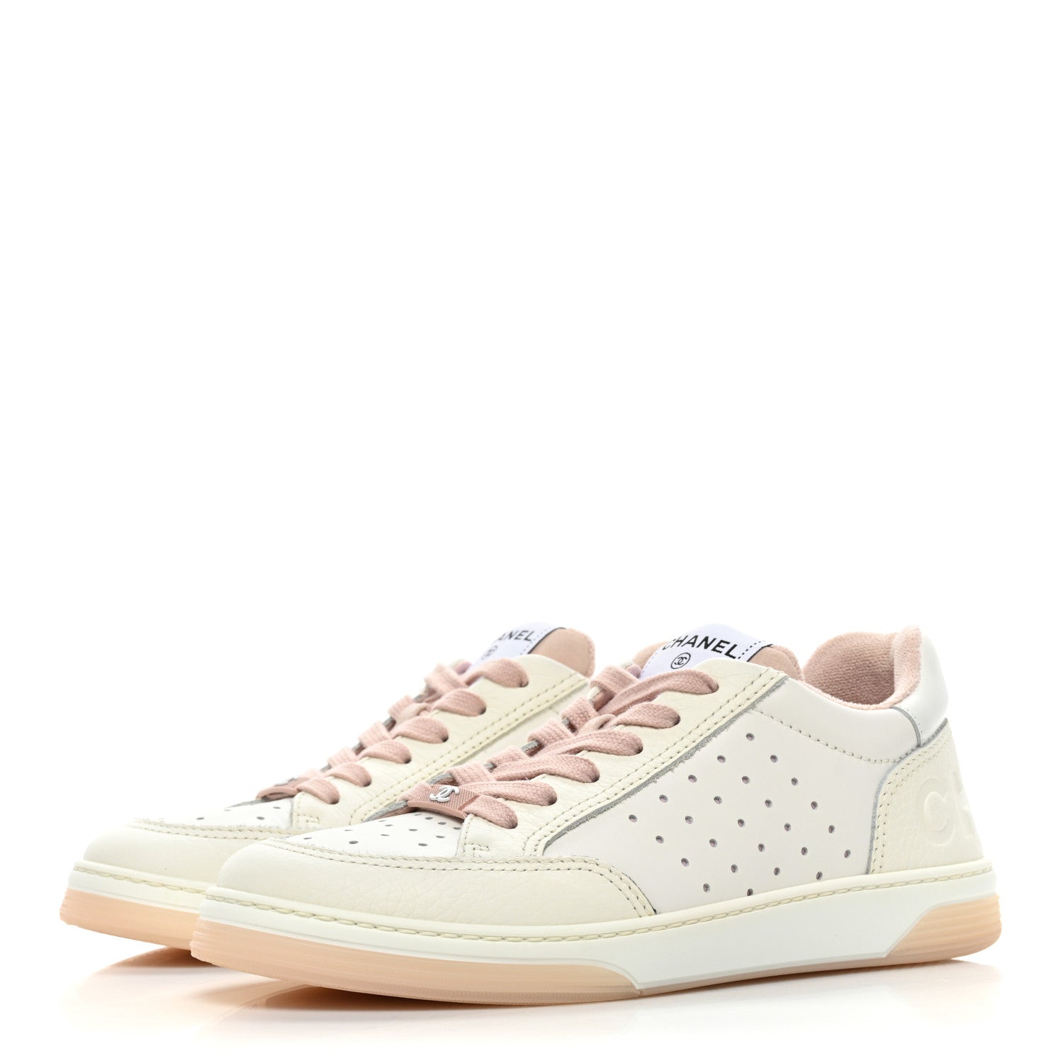 Chanel Grained Calfskin Fabric Womens Logo Sneakers 38 White Light Pink 3 of 10