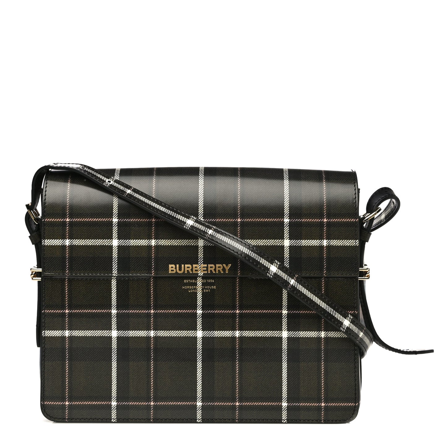 Calfskin Tartan Print Large Grace Bag Dark Green