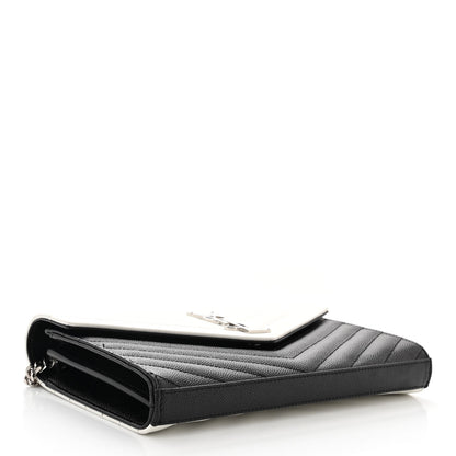 Saint Laurent Grain De Poudre Matelasse Chevron Bi-Color Monogram Chain Wallet White Black 4 of 11