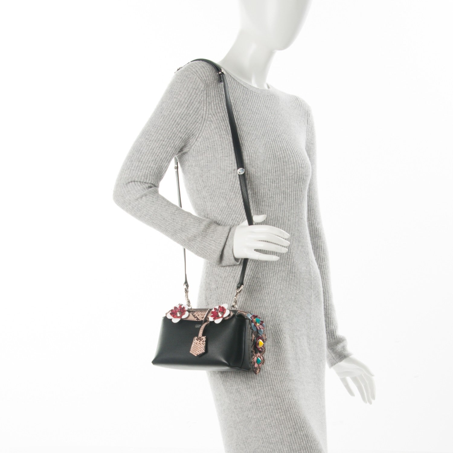 Fendi Vitello Dolce Snakeskin Nappa Croc Tail Flowerland Studded Mini By The Way Boston Bag Black Natural Multicolor 2 of 7