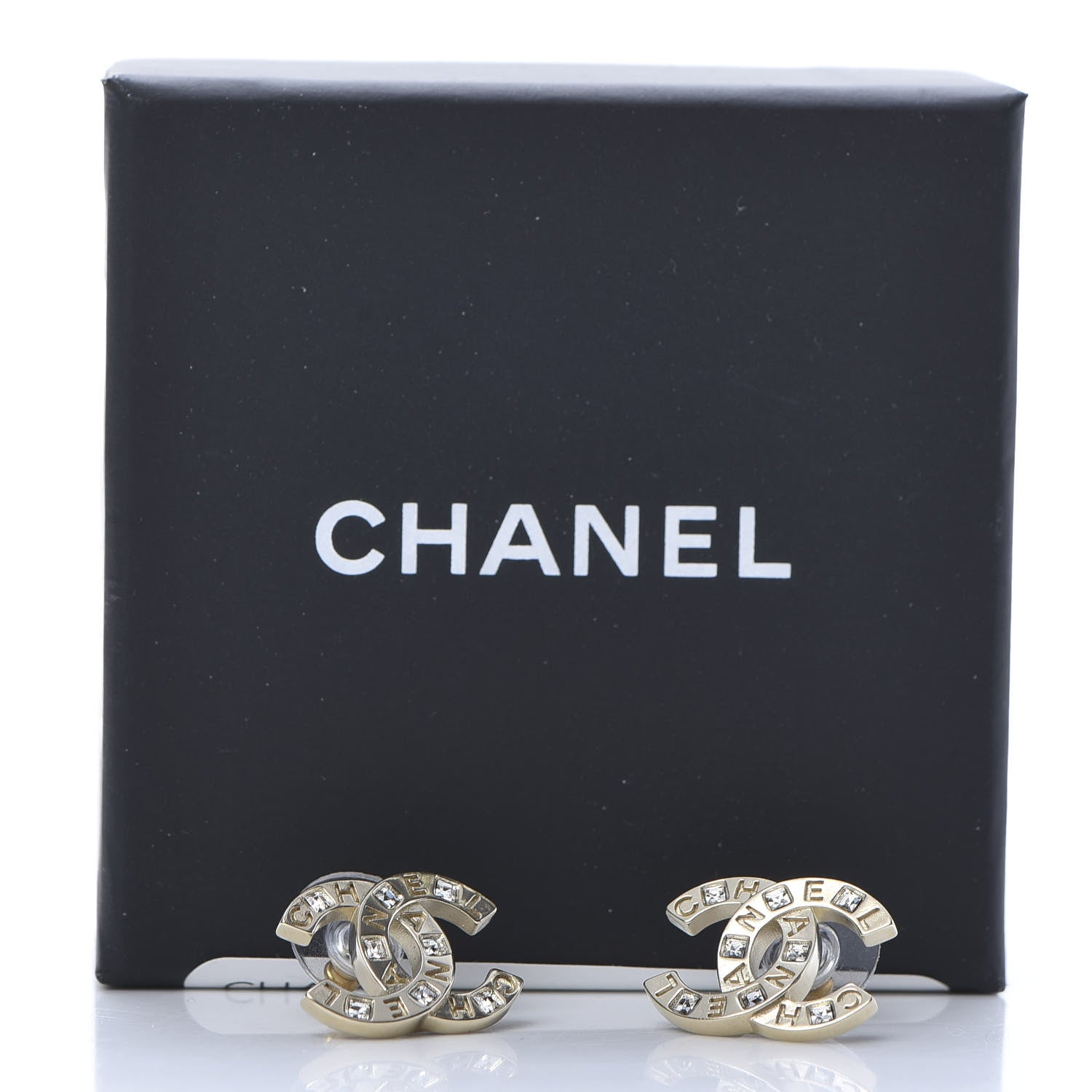 Chanel Crystal Metal CC Paris Button Stud Earrings Gold 5 of 5