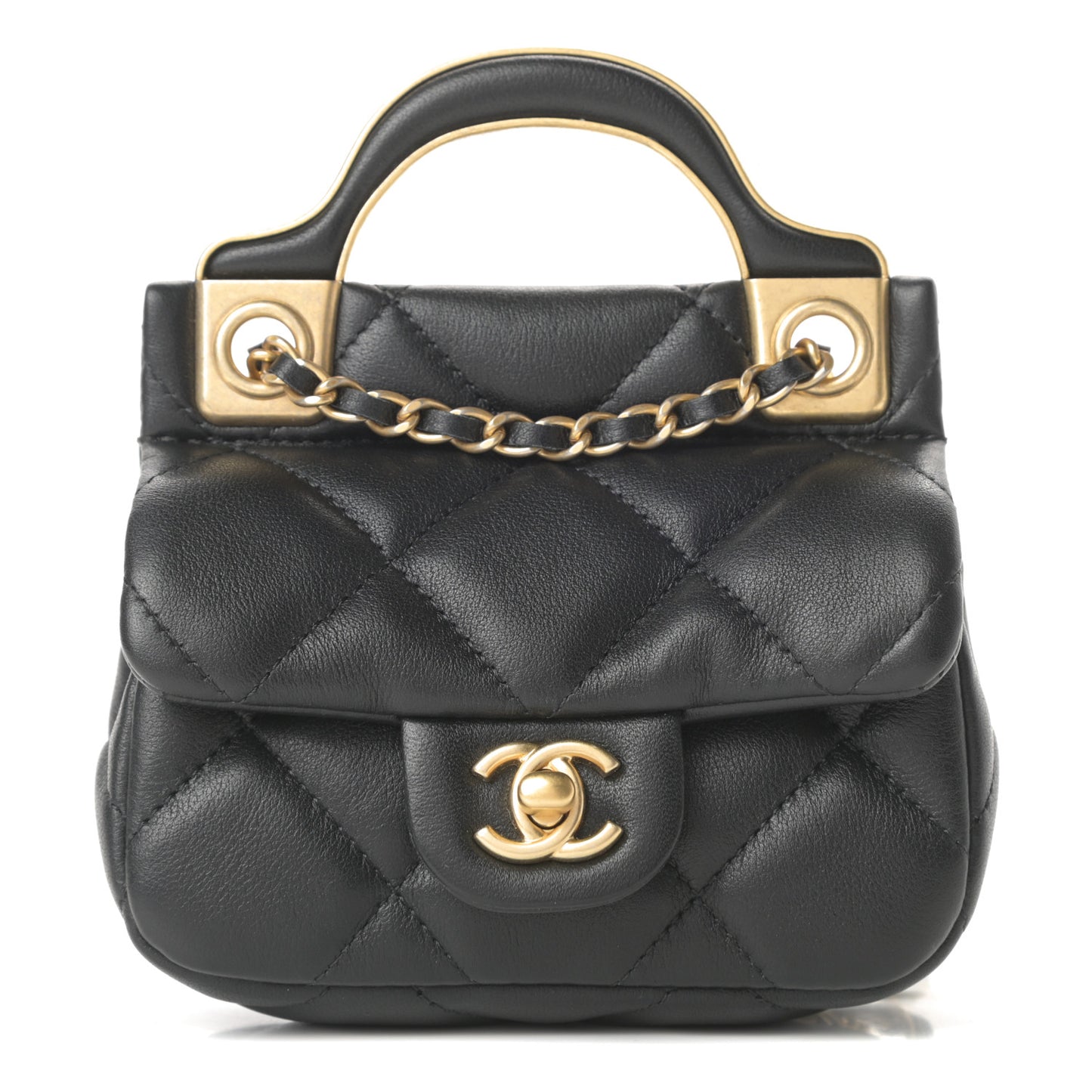 Calfskin Quilted Lady Handle Flap Card Holder With Chain Black